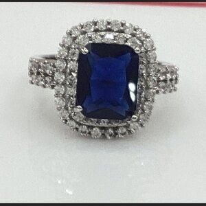 Brilliance Fine Jewelry Blue Sapphire & CZ Halo Ring Size 7 Silver